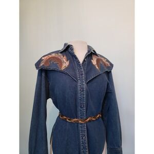 VTG Noah's Flood Women 7 Button Up Denim Shirt Western Funky Paisley Retro Denim